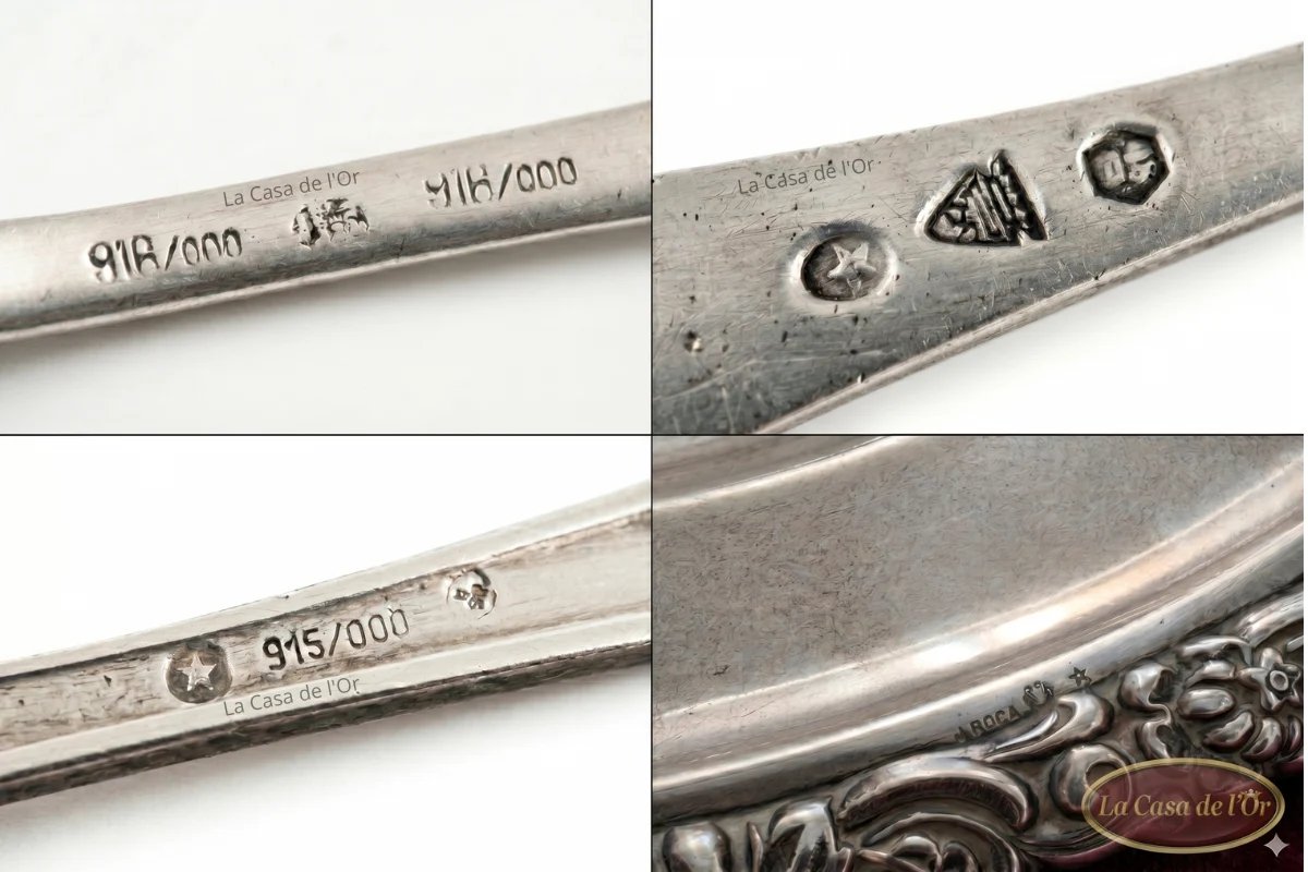 Ejemplos reales de contrastes en plata española: 916/000, estrella de 1ª ley y punzón Roca en bandeja barcelonesa
